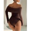 image:imageMakeMeChic Womens Fuzzy Off The Shoulder Bodysuit Ruched Long Sleeve Party Club TopsBrown