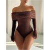 image:imageMakeMeChic Womens Fuzzy Off The Shoulder Bodysuit Ruched Long Sleeve Party Club TopsBrown