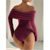 image:imageMakeMeChic Womens Fuzzy Off The Shoulder Bodysuit Ruched Long Sleeve Party Club TopsBurgundy