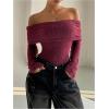 image:imageMakeMeChic Womens Fuzzy Off The Shoulder Bodysuit Ruched Long Sleeve Party Club TopsBurgundy
