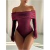 image:imageMakeMeChic Womens Fuzzy Off The Shoulder Bodysuit Ruched Long Sleeve Party Club TopsBurgundy