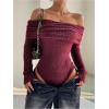 image:imageMakeMeChic Womens Fuzzy Off The Shoulder Bodysuit Ruched Long Sleeve Party Club TopsBurgundy