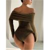 image:imageMakeMeChic Womens Fuzzy Off The Shoulder Bodysuit Ruched Long Sleeve Party Club TopsDark Green