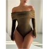 image:imageMakeMeChic Womens Fuzzy Off The Shoulder Bodysuit Ruched Long Sleeve Party Club TopsDark Green