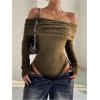 image:imageMakeMeChic Womens Fuzzy Off The Shoulder Bodysuit Ruched Long Sleeve Party Club TopsDark Green