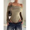 image:imageMakeMeChic Womens Fuzzy Off The Shoulder Bodysuit Ruched Long Sleeve Party Club TopsKhaki