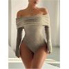 image:imageMakeMeChic Womens Fuzzy Off The Shoulder Bodysuit Ruched Long Sleeve Party Club TopsKhaki