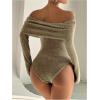 image:imageMakeMeChic Womens Fuzzy Off The Shoulder Bodysuit Ruched Long Sleeve Party Club TopsKhaki