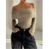 image:imageMakeMeChic Womens Fuzzy Off The Shoulder Bodysuit Ruched Long Sleeve Party Club TopsKhaki