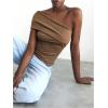 image:imageMakeMeChic Womens Lace Off The Shoulder Tank Ruched Sleeveless Fitted Going Out Crop TopsBrown