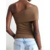 image:imageMakeMeChic Womens Lace Off The Shoulder Tank Ruched Sleeveless Fitted Going Out Crop TopsBrown