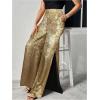 image:imageMakeMeChic Womens Metallic Split Side Hem Long Pants High Waist Wide Leg Loose Trousers with PocketsGold