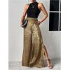 image:imageMakeMeChic Womens Metallic Split Side Hem Long Pants High Waist Wide Leg Loose Trousers with PocketsGold