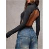 image:imageMakeMeChic Womens Open Back Top Long Sleeve Mock Neck Bodysuit Going Out Tops Clubbing OutfitsBlack