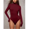 image:imageMakeMeChic Womens Open Back Top Long Sleeve Mock Neck Bodysuit Going Out Tops Clubbing OutfitsBurgundy