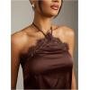 image:imageMakeMeChic Womens Satin Halter Tops Silk Lace Trim Tie Backless Going Out Tank TopBrown