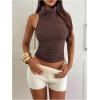 image:imageMakeMeChic Womens Sleeveless Halter Top Open Back Rib Knitted Y2K Crop Tank TopsCoffee Brown
