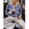 image:imageMakeMeChic Womens Striped Rugby Shirt Button Down Long Sleeve Preppy Sweater Knit Winter PulloverBlue