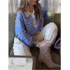 image:imageMakeMeChic Womens Striped Rugby Shirt Button Down Long Sleeve Preppy Sweater Knit Winter PulloverBlue