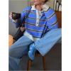 image:imageMakeMeChic Womens Striped Rugby Shirt Button Down Long Sleeve Preppy Sweater Knit Winter PulloverBlue