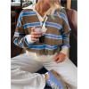 image:imageMakeMeChic Womens Striped Rugby Shirt Button Down Long Sleeve Preppy Sweater Knit Winter PulloverBrown