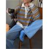 image:imageMakeMeChic Womens Striped Rugby Shirt Button Down Long Sleeve Preppy Sweater Knit Winter PulloverBrown