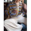 image:imageMakeMeChic Womens Striped Rugby Shirt Button Down Long Sleeve Preppy Sweater Knit Winter PulloverBrown