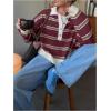 image:imageMakeMeChic Womens Striped Rugby Shirt Button Down Long Sleeve Preppy Sweater Knit Winter PulloverBurgundy