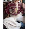 image:imageMakeMeChic Womens Striped Rugby Shirt Button Down Long Sleeve Preppy Sweater Knit Winter PulloverBurgundy
