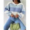 image:imageMakeMeChic Womens Striped Sweater Color Block Crewneck Casual Loose Soft Knit Christmas Sweater Pullover TopsBlue