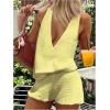 image:imageMakeMeChic Womens Summer 2 Piece Sets Deep V Neck Knit Tank Tops Mini Shorts Set Beach Vacation OutfitsYellow