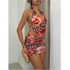 image:imageMakeMeChic Womens Summer 2 Piece Sets Mesh Floral Leopard Halter Tops Pencil Mini Skirt SetRed Brown