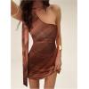 image:imageMakeMeChic Womens Summer Y2k Mini Dress Backless Vacation Dress One Shoulder Mesh Dress with ScarfCoffee