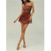 image:imageMakeMeChic Womens Summer Y2k Mini Dress Backless Vacation Dress One Shoulder Mesh Dress with ScarfCoffee