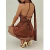 image:imageMakeMeChic Womens Summer Y2k Mini Dress Backless Vacation Dress One Shoulder Mesh Dress with ScarfCoffee
