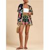 image:imageMakeMeChic Womens Tropical Beach Vacation Outfits Summer Two Piece Sets Boho Floral Kimono Tops and Shorts SetBlack