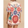 image:imageMakeMeChic Womens Tropical Beach Vacation Outfits Summer Two Piece Sets Boho Floral Kimono Tops and Shorts SetBoho Pink and Beige