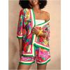 image:imageMakeMeChic Womens Tropical Beach Vacation Outfits Summer Two Piece Sets Boho Floral Kimono Tops and Shorts SetPink and Green