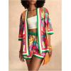 image:imageMakeMeChic Womens Tropical Beach Vacation Outfits Summer Two Piece Sets Boho Floral Kimono Tops and Shorts SetPink and Green