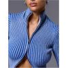 image:imageMakeMeChic Womens Y2K Cropped Sweater Cardigans Striped Zip Up Cardigan High Neck Fall Sweaters Crop TopsBlue
