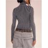 image:imageMakeMeChic Womens Y2K Cropped Sweater Cardigans Striped Zip Up Cardigan High Neck Fall Sweaters Crop TopsDark Grey