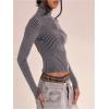 image:imageMakeMeChic Womens Y2K Cropped Sweater Cardigans Striped Zip Up Cardigan High Neck Fall Sweaters Crop TopsDark Grey