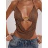 image:imageMakeMeChic Womens Y2k Crochet Halter Top Open Back Metal Ring Draped Front Summer Sequin Rave Party Going Out TopsBrown