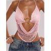 image:imageMakeMeChic Womens Y2k Crochet Halter Top Open Back Metal Ring Draped Front Summer Sequin Rave Party Going Out TopsCoral Pink