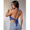 image:imageMakeMeChic Womens Y2k Crochet Halter Top Open Back Metal Ring Draped Front Summer Sequin Rave Party Going Out TopsDark Blue