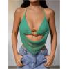 image:imageMakeMeChic Womens Y2k Crochet Halter Top Open Back Metal Ring Draped Front Summer Sequin Rave Party Going Out TopsGreen