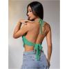 image:imageMakeMeChic Womens Y2k Crochet Halter Top Open Back Metal Ring Draped Front Summer Sequin Rave Party Going Out TopsGreen