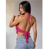 image:imageMakeMeChic Womens Y2k Crochet Halter Top Open Back Metal Ring Draped Front Summer Sequin Rave Party Going Out TopsHot Pink