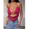image:imageMakeMeChic Womens Y2k Crochet Halter Top Open Back Metal Ring Draped Front Summer Sequin Rave Party Going Out TopsHot Pink