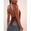 image:imageMakeMeChic Womens Y2k Crochet Halter Top Open Back Metal Ring Draped Front Summer Sequin Rave Party Going Out TopsKhaki